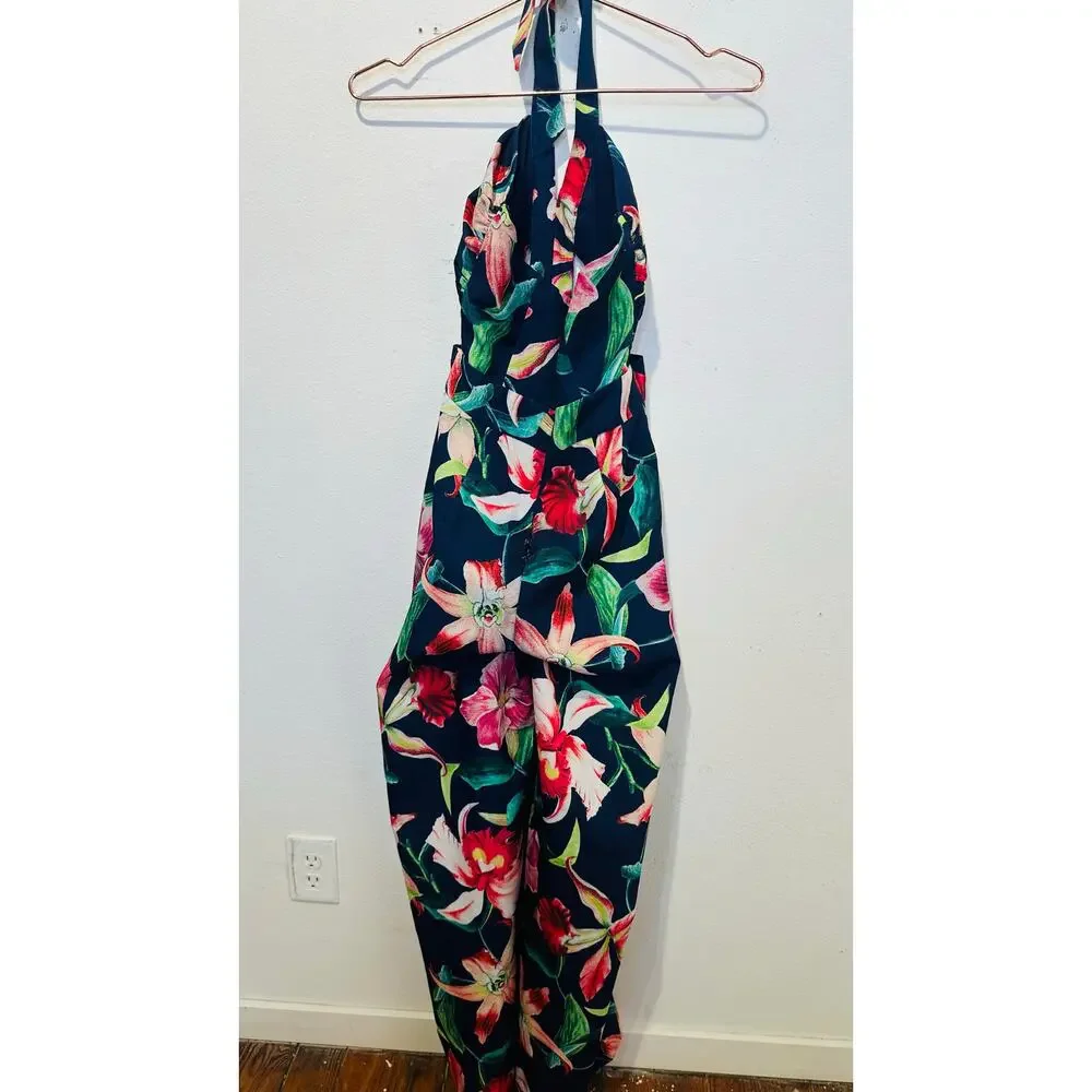 PATBO Navy Blue Floral Halter Neck Center Cut-Out Wide Leg Laelia Jumpsuit US 0 - Picture 4 of 16